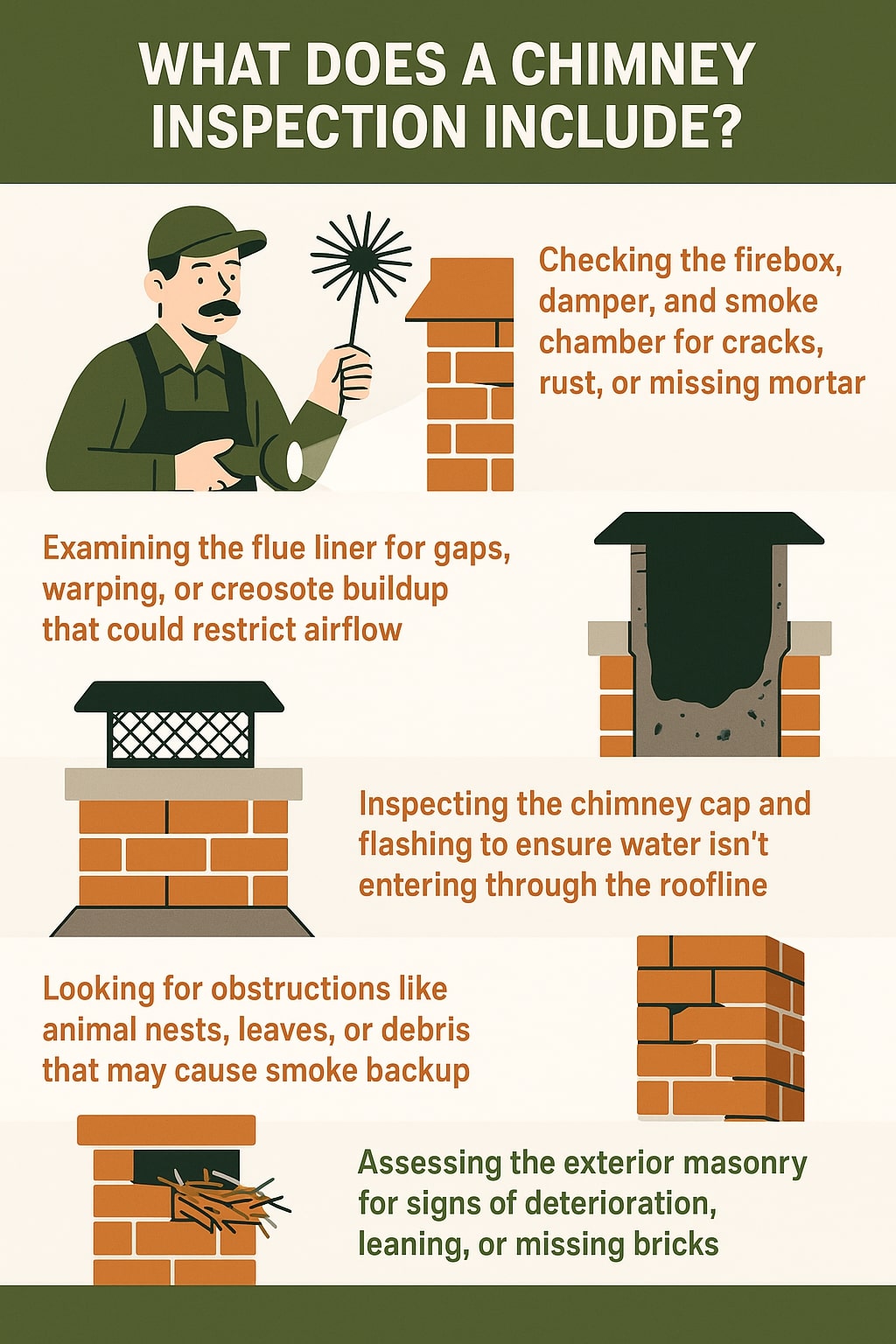 original infographic with a green and beige color palette featuring illustrated chimney components and a cartoon chimney inspector in green work clothes holding a flashlight and chimney brush. The title at the top in bold white text on a dark green background reads, “What Does a Chimney Inspection Include?” The infographic lists five inspection tasks with accompanying visuals: checking the firebox, damper, and smoke chamber for cracks, rust, or missing mortar (shown with a brick chimney and inspector); examining the flue liner for gaps, warping, or creosote buildup (depicted as a blackened interior); inspecting the chimney cap and flashing to prevent water entry (shown as a cap with mesh); looking for obstructions like animal nests, leaves, or debris (illustrated with a nest inside the flue); and assessing exterior masonry for deterioration, leaning, or missing bricks (illustrated with cracked bricks). The layout alternates text and images in a clean, organized vertical format.