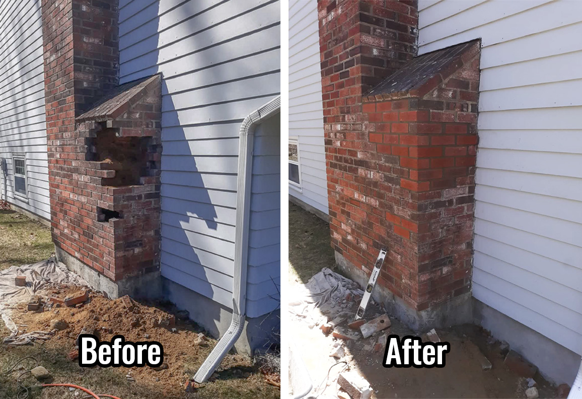close up of gloved hands rebuilding chimney masonry by stacking new bricks on fresh mortar