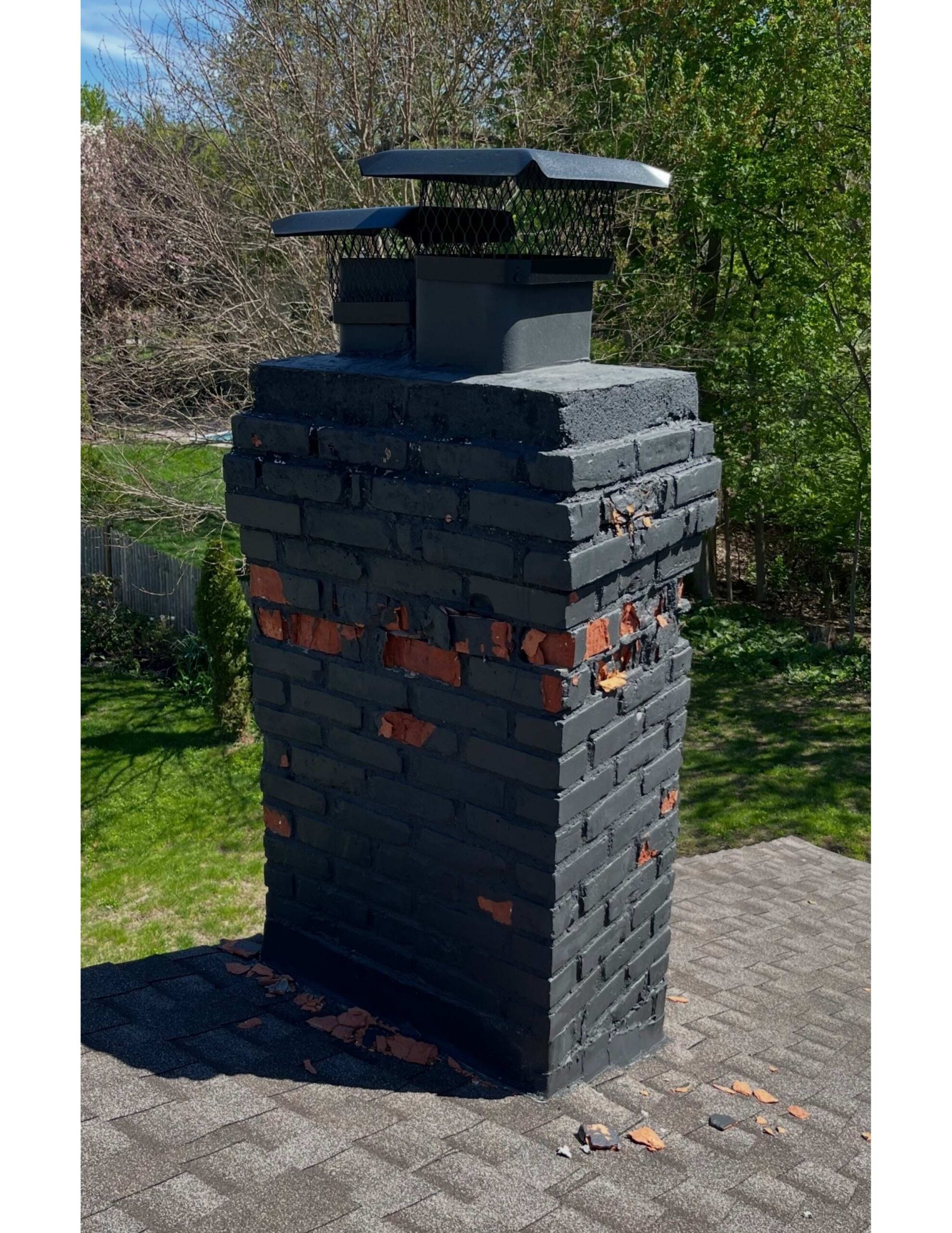 Before picture of a chimney rebuild by Chim Chimney Sweep in Holliston.