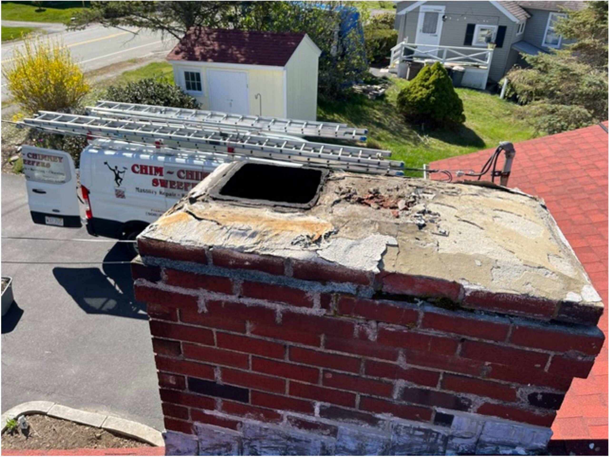 Original before picture of a chimney crown that was rebuilt by Chim Chimney Sweep.